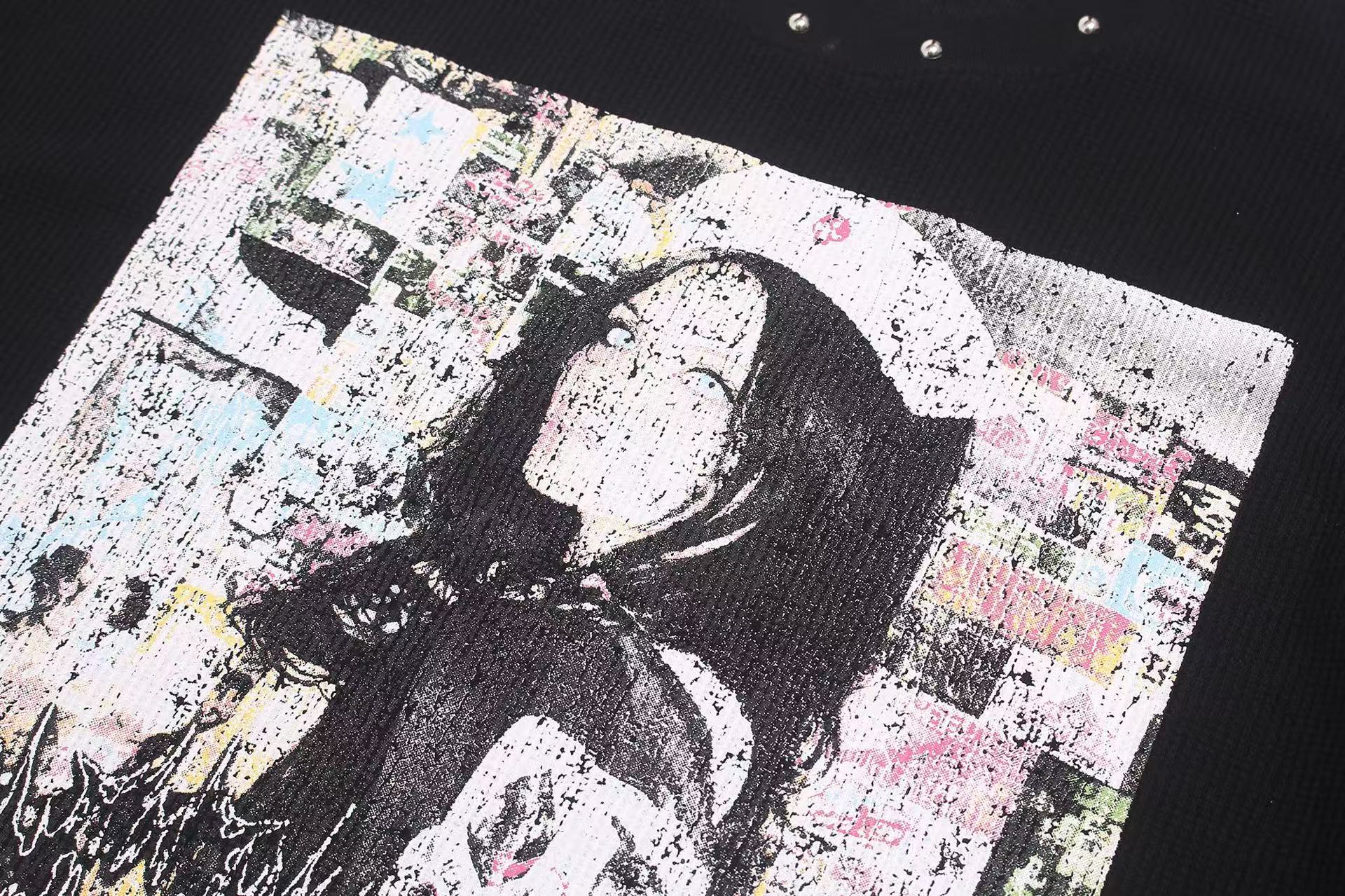 Studded Grunge Collage Portrait Print Waffle Knit Long Sleeve