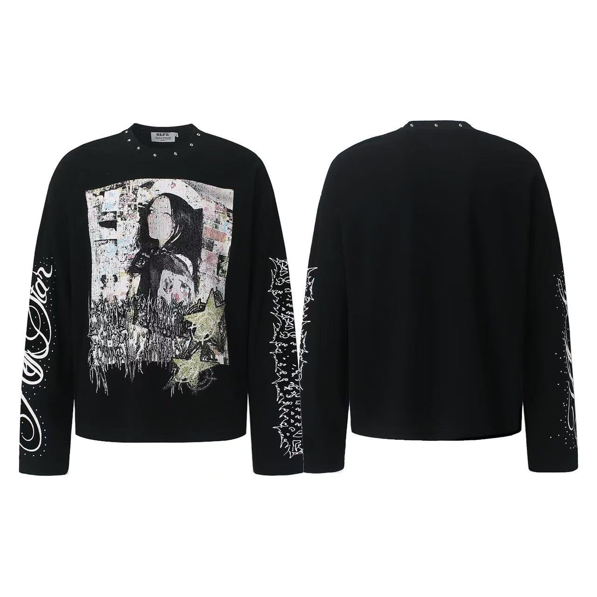 Studded Grunge Collage Portrait Print Waffle Knit Long Sleeve