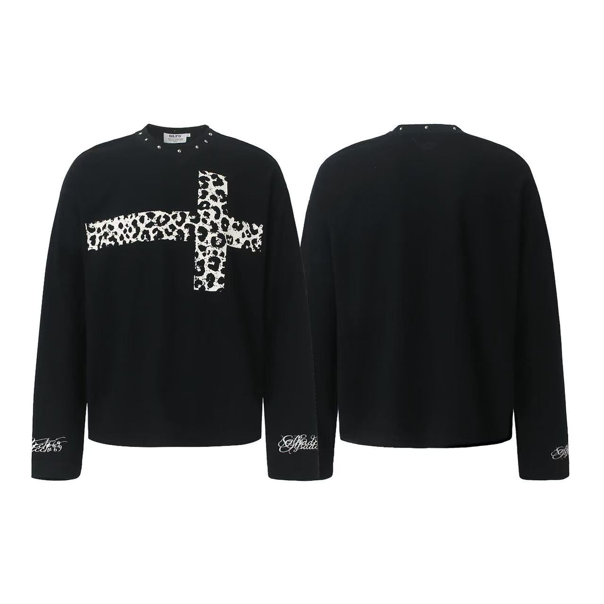 Studded Collar Leopard-Print Cross Waffle Knit Long Sleeve