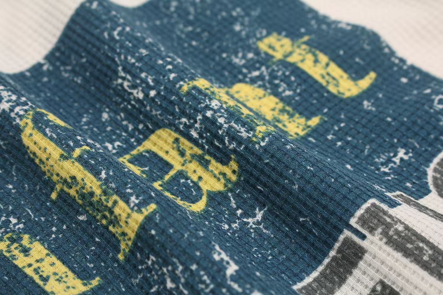 Streetwear Vintage Print Waffle Knit Long Sleeve