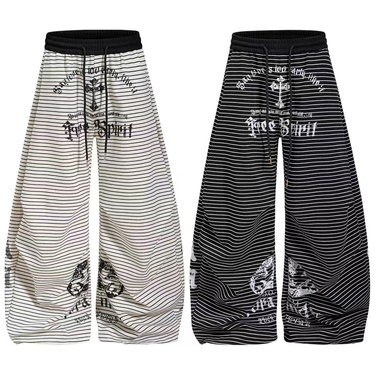 Striped Gothic Script Print Wide-Leg Sweatpants