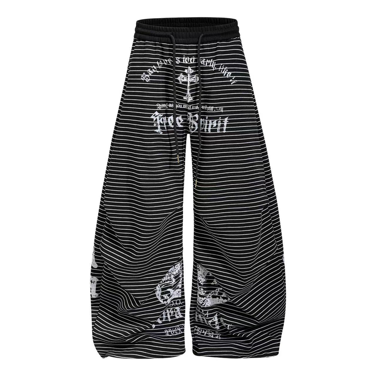 Striped Gothic Script Print Wide-Leg Sweatpants