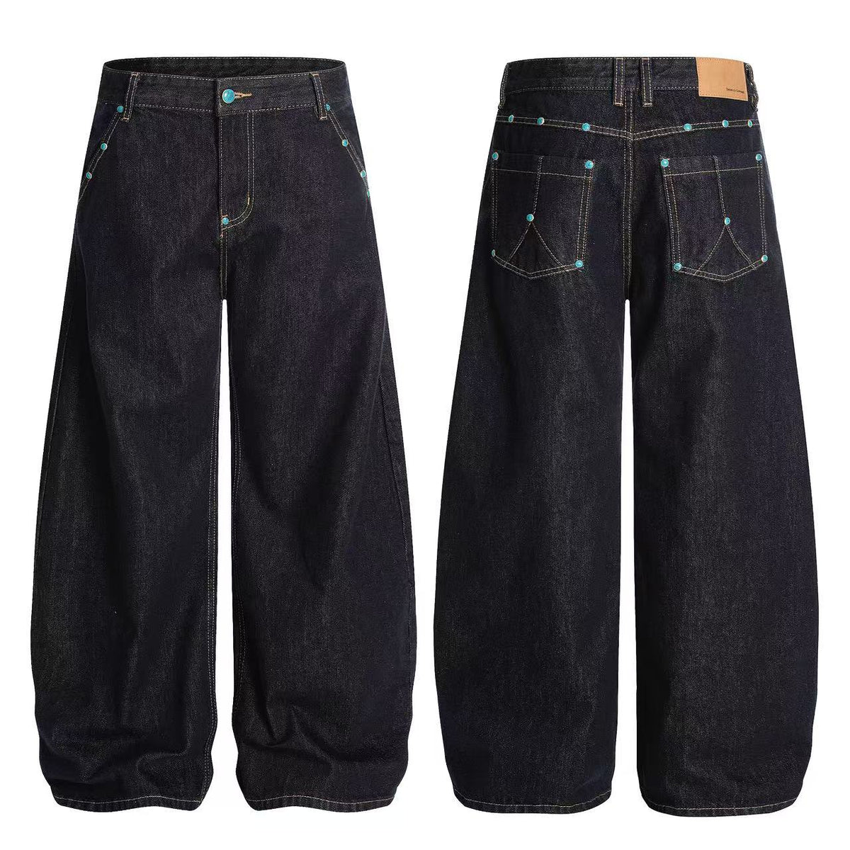 Turquoise-Stud Wide-Leg Baggy Jeans