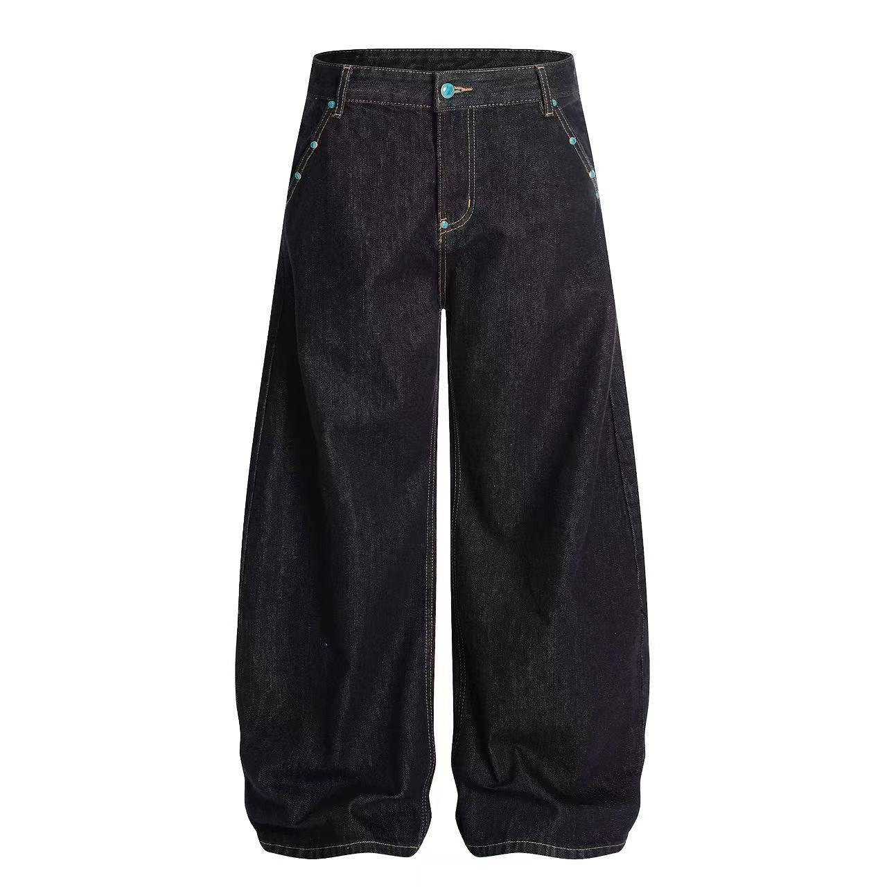Turquoise-Stud Wide-Leg Baggy Jeans