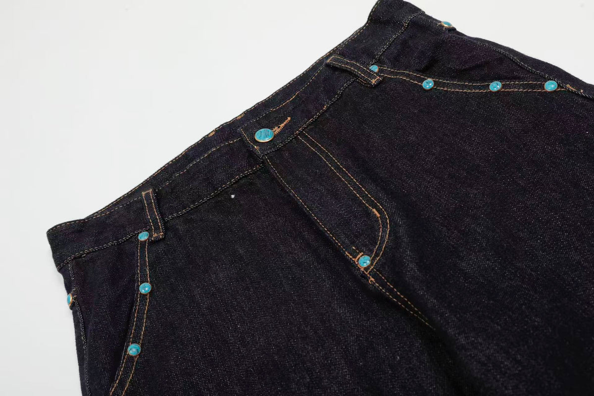 Turquoise-Stud Wide-Leg Baggy Jeans