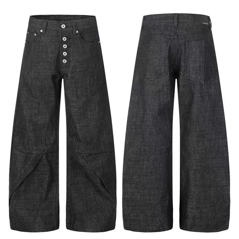 Raw Black Denim Multi-Button Wide-Leg Baggy Jeans