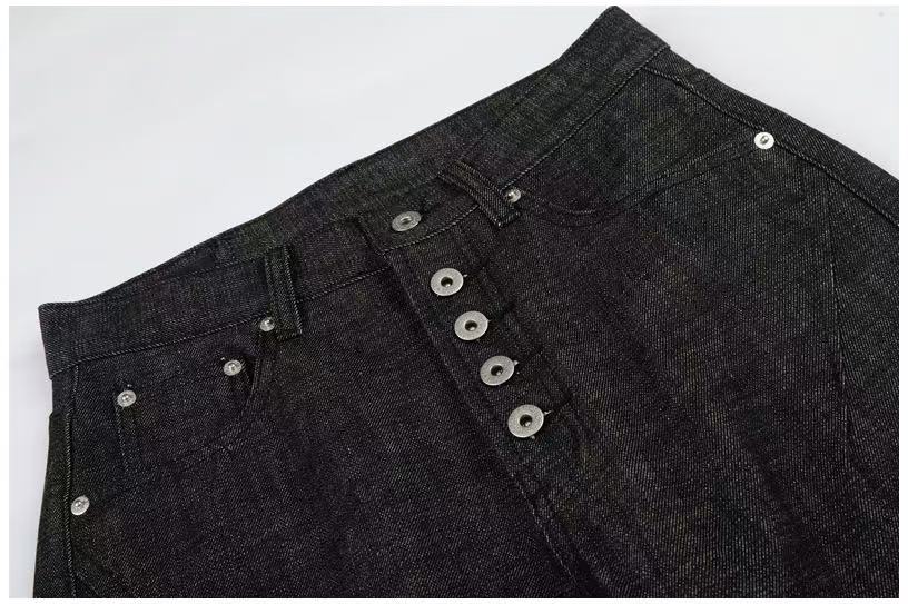 Raw Black Denim Multi-Button Wide-Leg Baggy Jeans