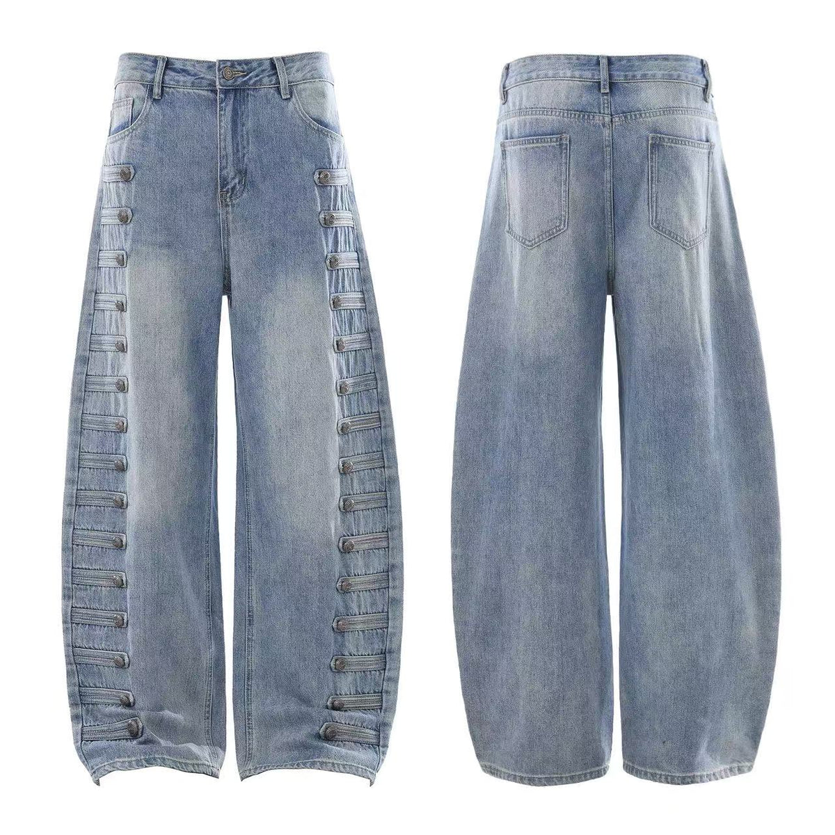 Light-Wash Side Multi-Strap Baggy Jeans
