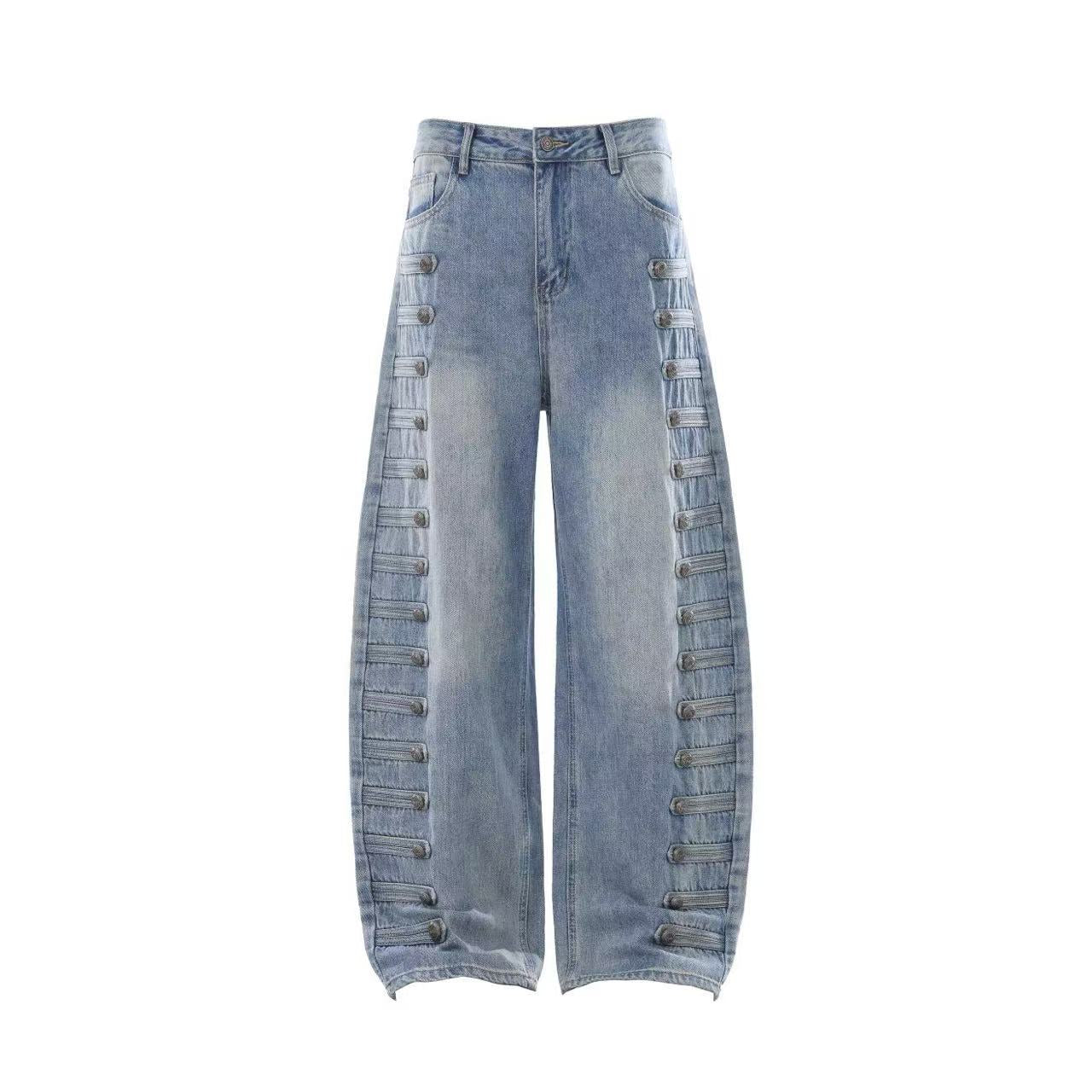 Light-Wash Side Multi-Strap Baggy Jeans