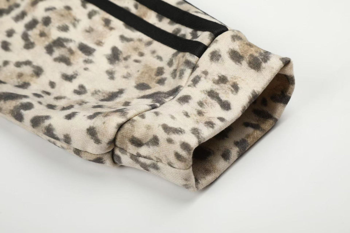 Leopard Print 3-Striped Zip-Up Hoodie