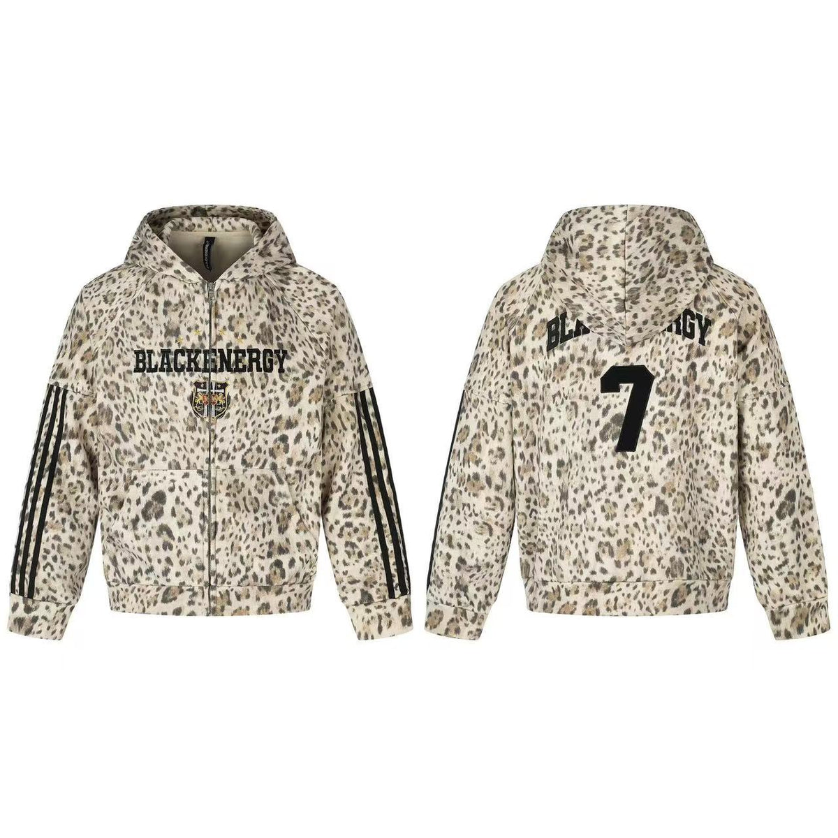 Leopard Print 3-Striped Zip-Up Hoodie