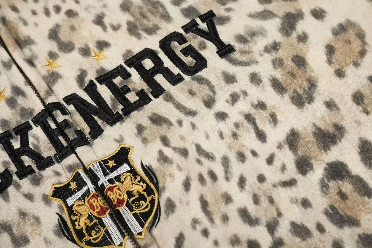 Leopard Print 3-Striped Zip-Up Hoodie