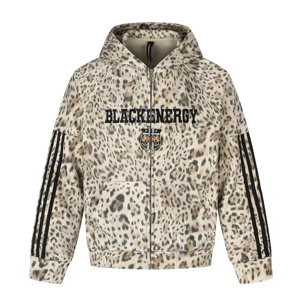 Leopard Print 3-Striped Zip-Up Hoodie