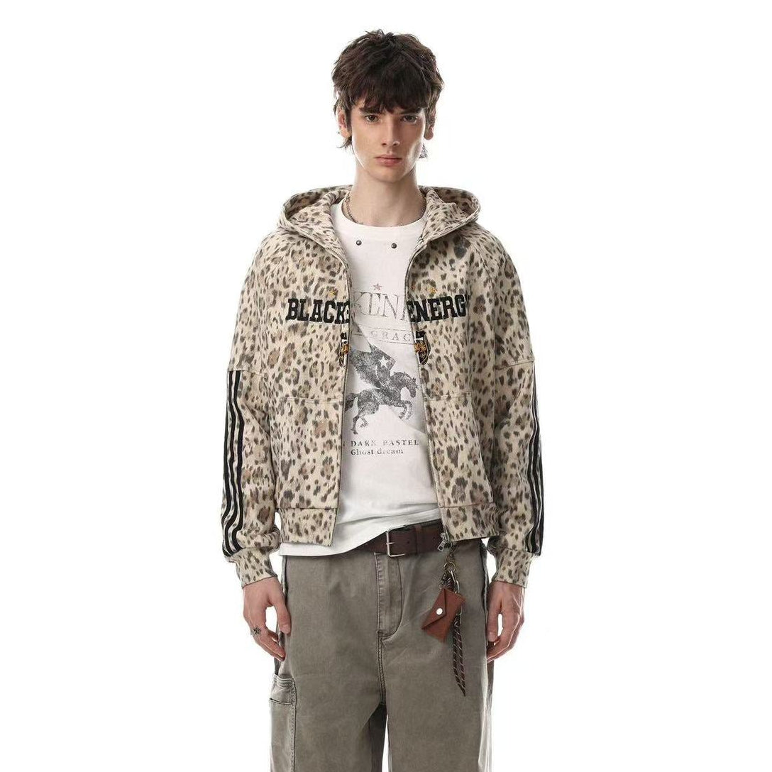 Leopard Print 3-Striped Zip-Up Hoodie