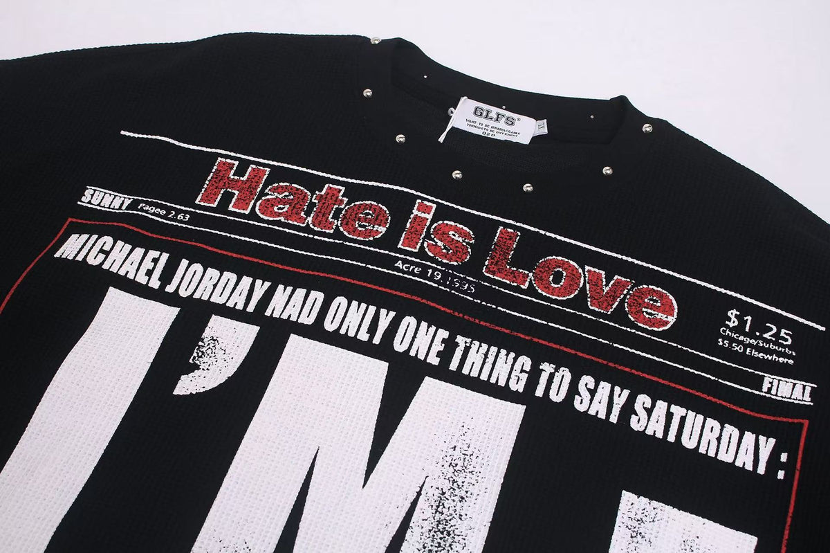 Streetwear Letter Print Waffle Knit Long Sleeve