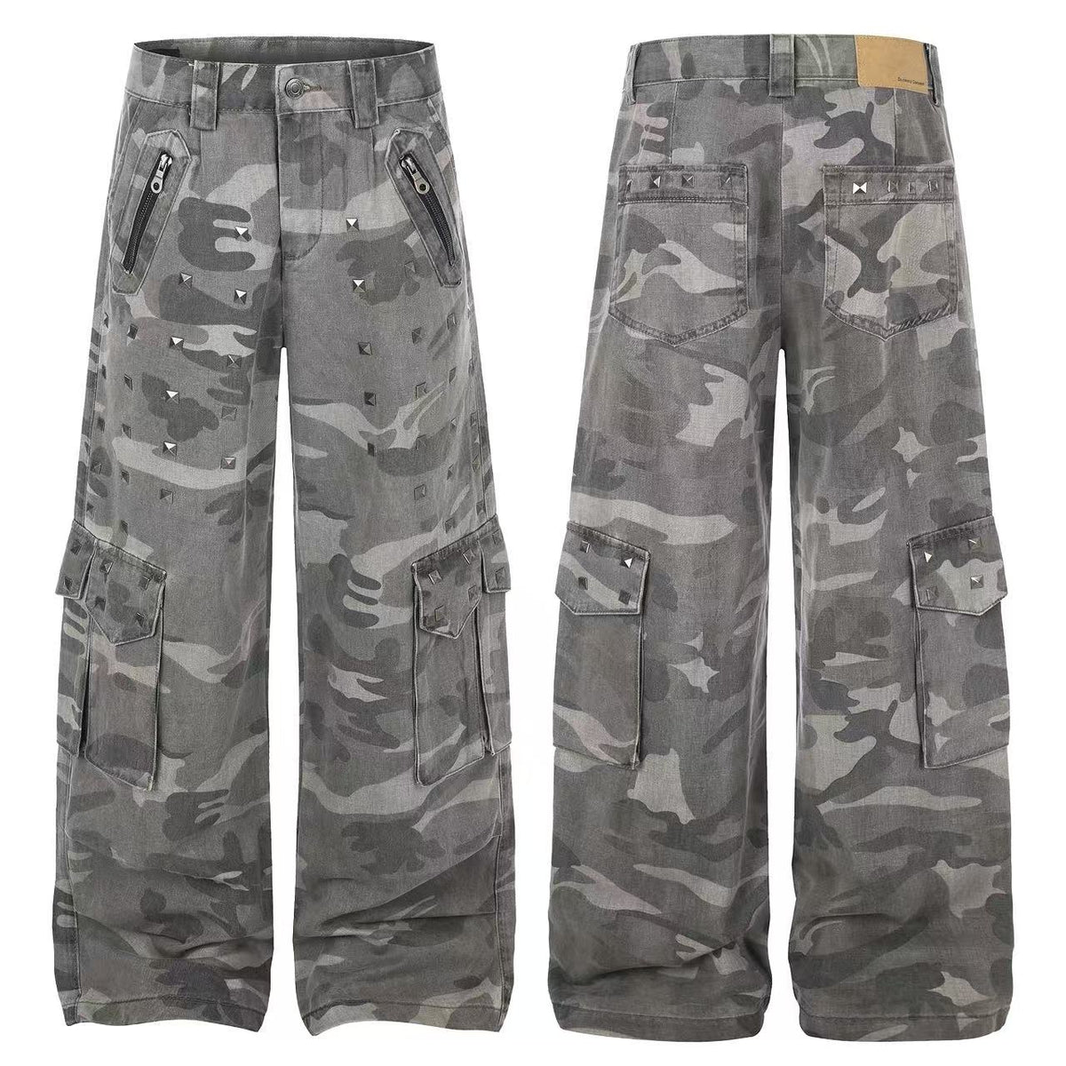 Studded Camo Wide-Leg Cargo Pants