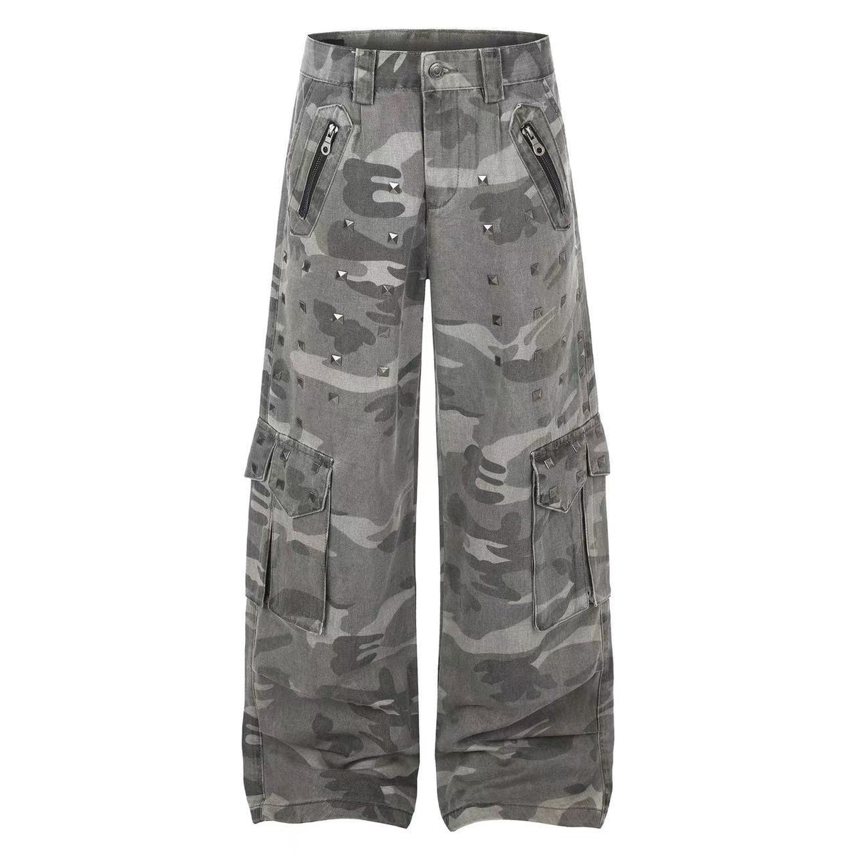Studded Camo Wide-Leg Cargo Pants
