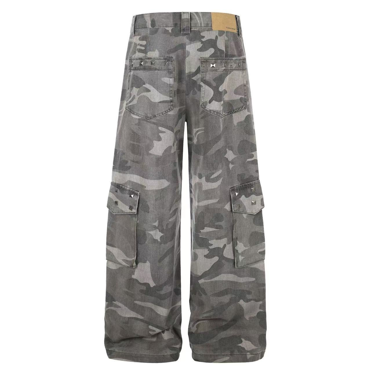 Studded Camo Wide-Leg Cargo Pants