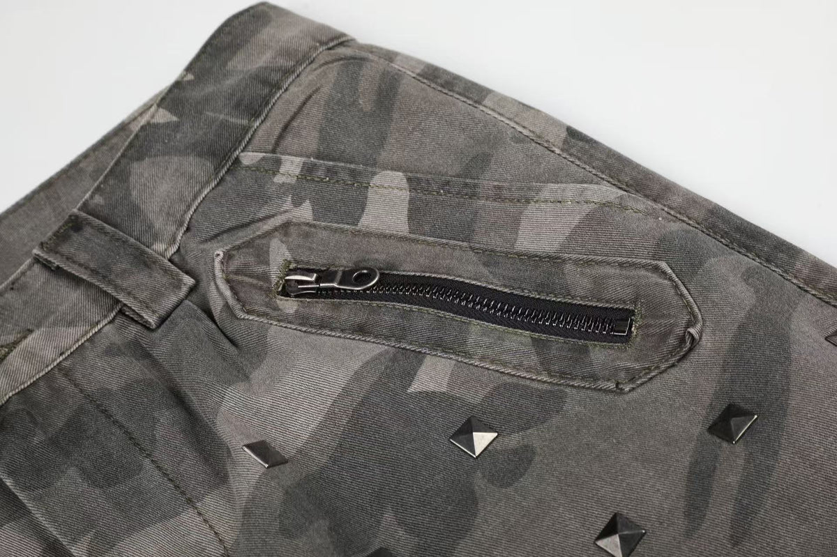 Studded Camo Wide-Leg Cargo Pants