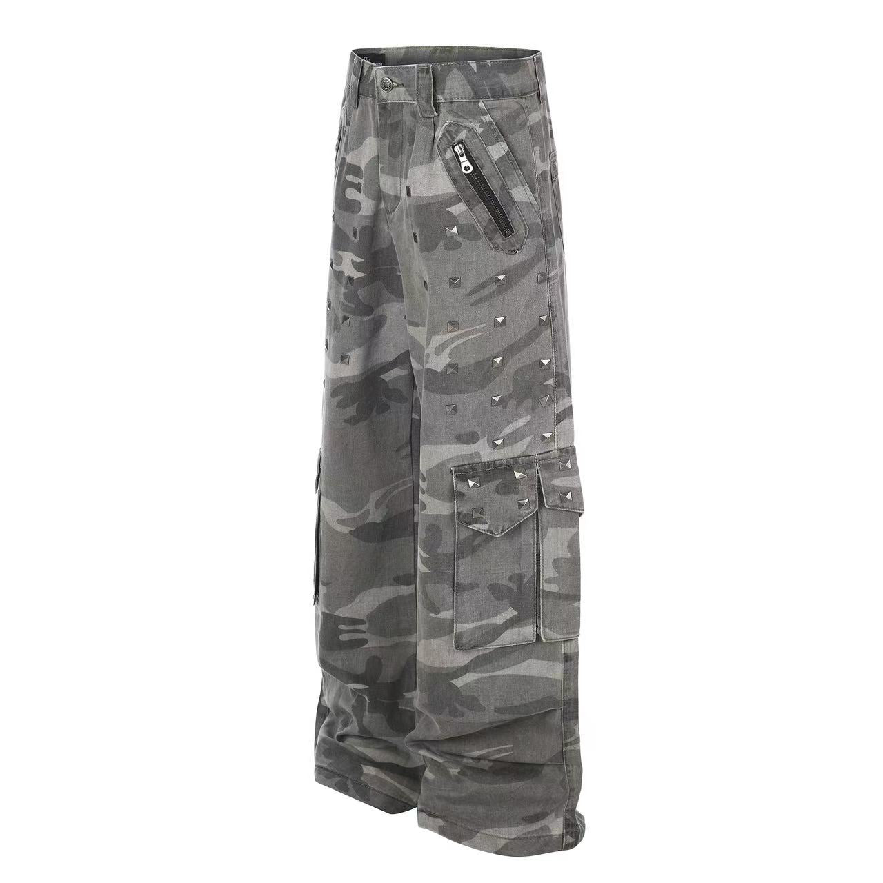 Studded Camo Wide-Leg Cargo Pants