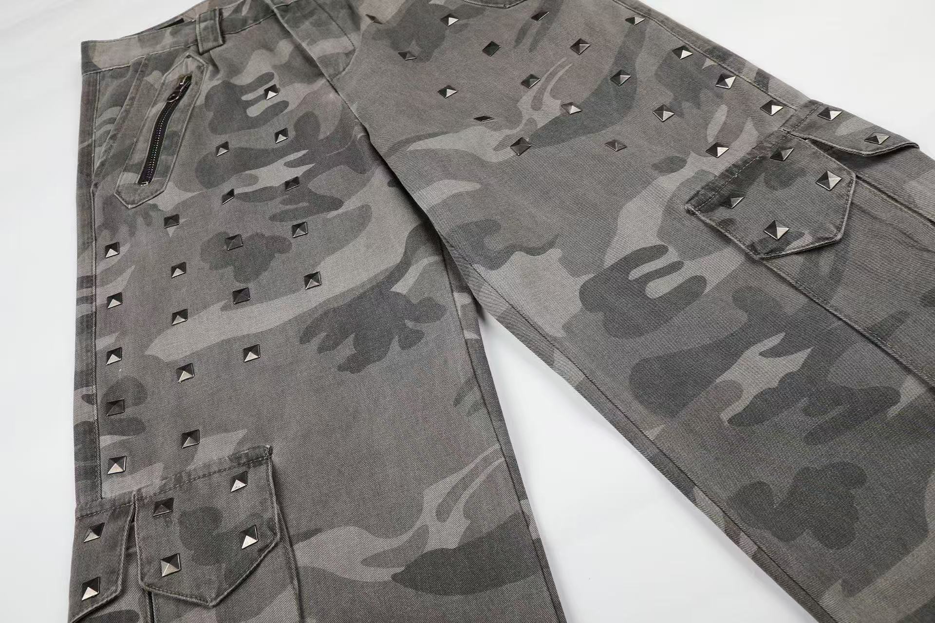 Studded Camo Wide-Leg Cargo Pants