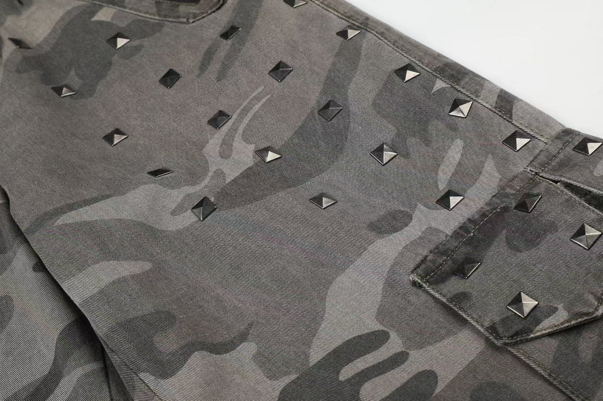 Studded Camo Wide-Leg Cargo Pants