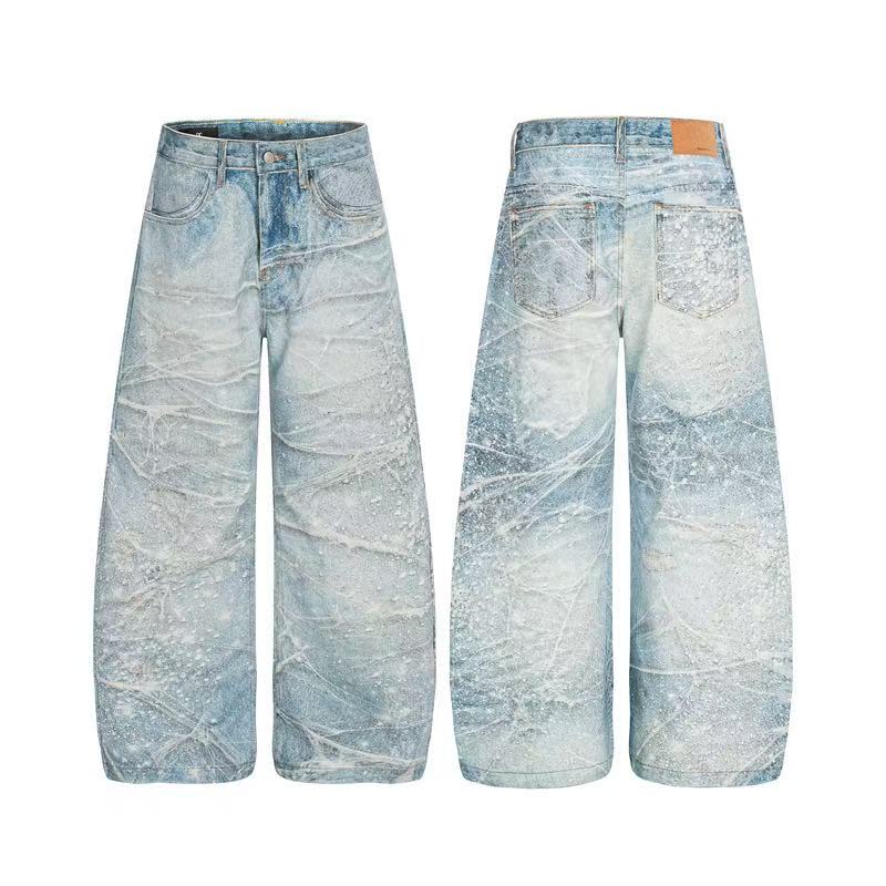 Textured Crackle Wash Rhinestone Baggy Jeans