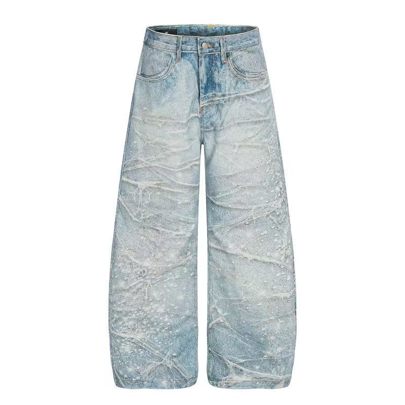 Textured Crackle Wash Rhinestone Baggy Jeans