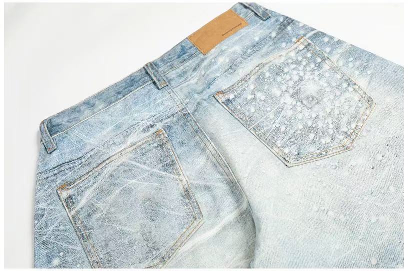 Textured Crackle Wash Rhinestone Baggy Jeans