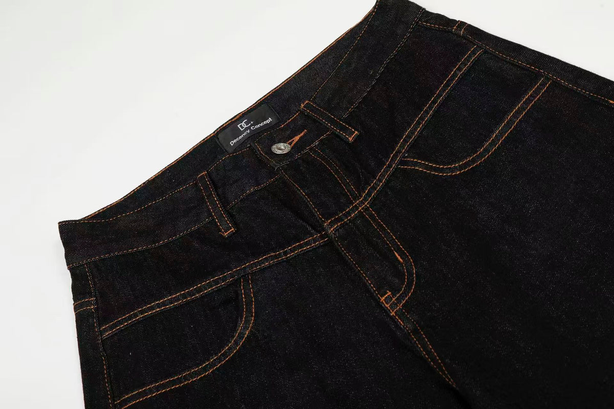 Contrast Stitch Raw Black Baggy Jeans
