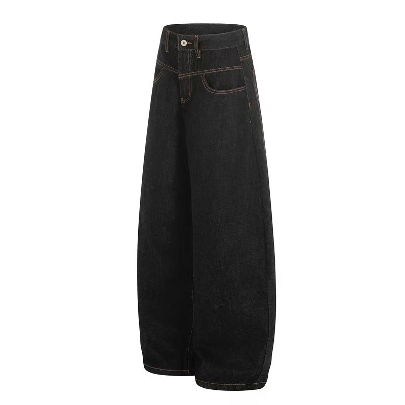 Contrast Stitch Raw Black Baggy Jeans