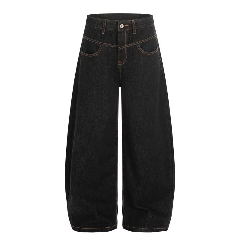 Contrast Stitch Raw Black Baggy Jeans