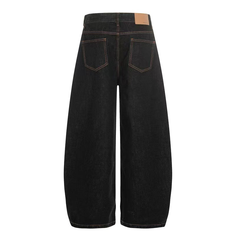 Contrast Stitch Raw Black Baggy Jeans
