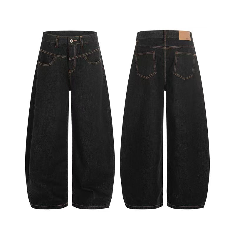 Contrast Stitch Raw Black Baggy Jeans
