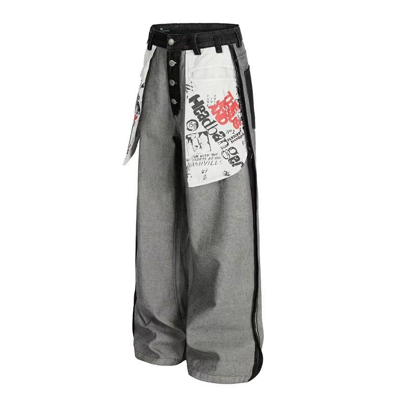 Deconstructed Reverse Wear Graphic Patch Wide-Leg Jeans