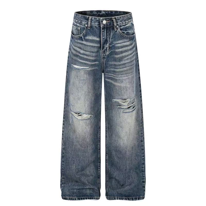 Distressed Ripped Whisker Wash Wide-Leg Jeans
