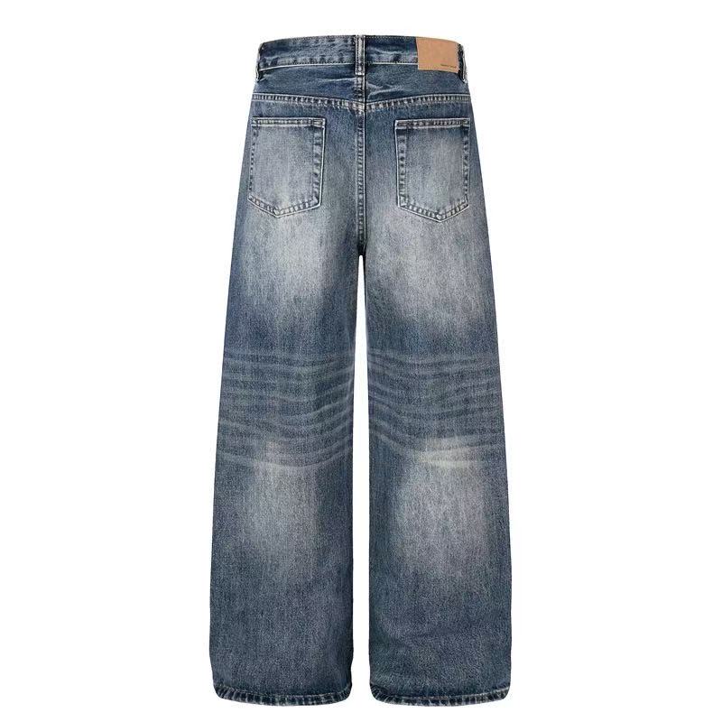 Distressed Ripped Whisker Wash Wide-Leg Jeans