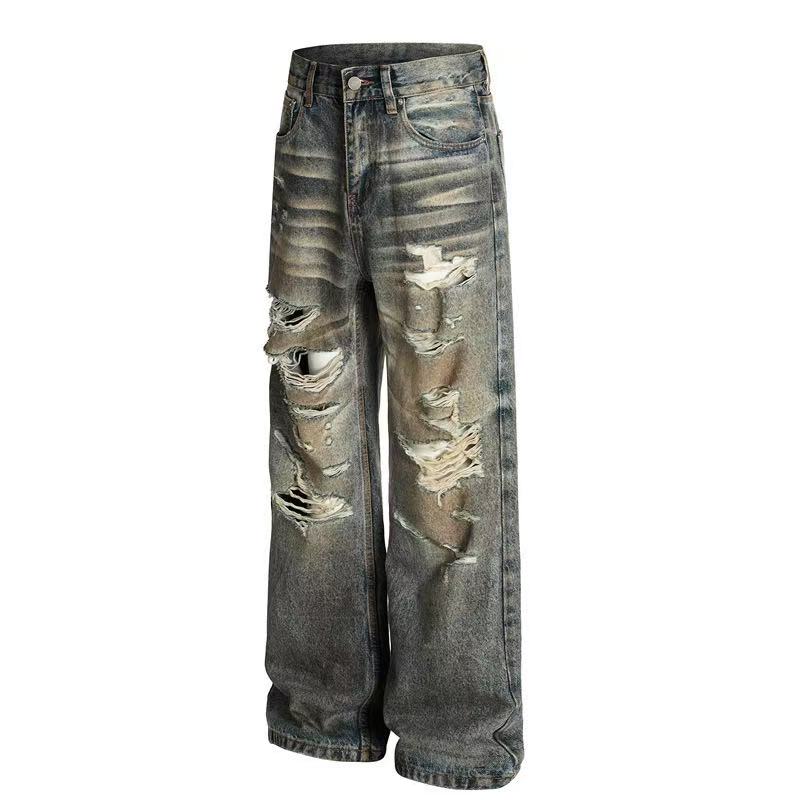 Heavy Destroyed Distressed Mud Wash Wide-Leg Jeans