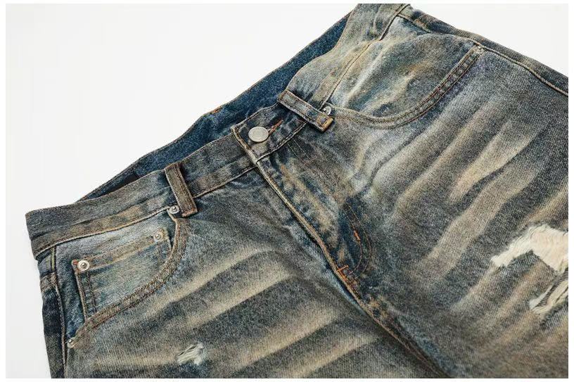 Heavy Destroyed Distressed Mud Wash Wide-Leg Jeans