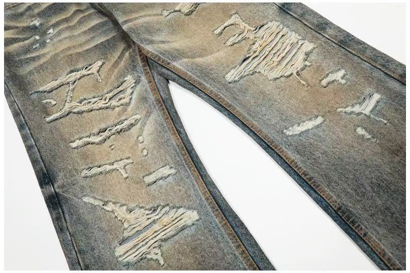 Heavy Destroyed Distressed Mud Wash Wide-Leg Jeans