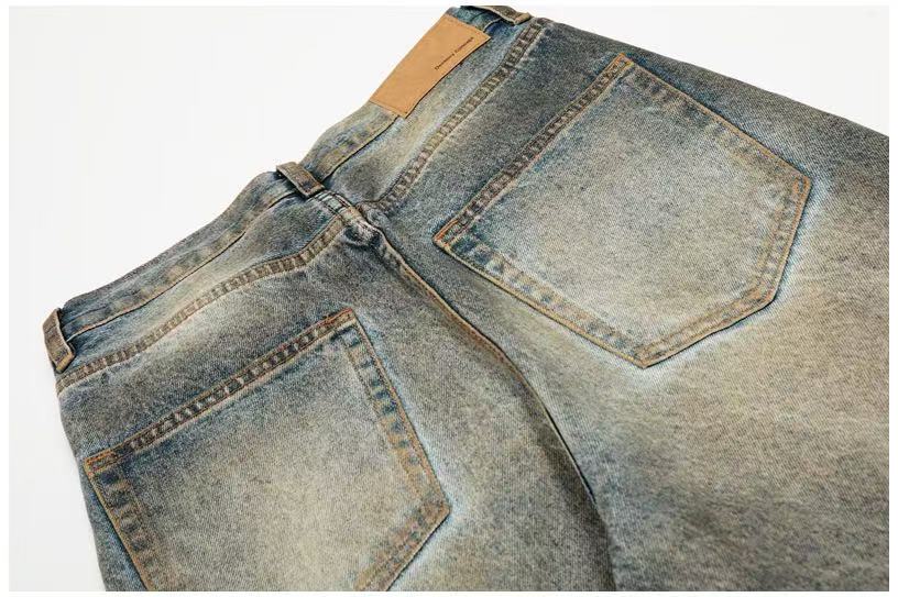 Heavy Destroyed Distressed Mud Wash Wide-Leg Jeans
