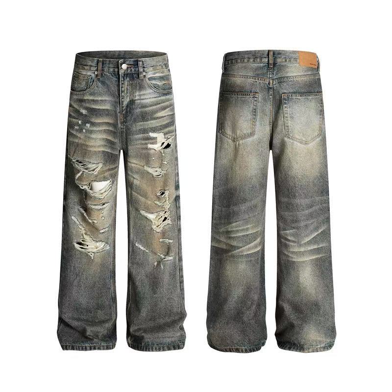 Heavy Destroyed Distressed Mud Wash Wide-Leg Jeans