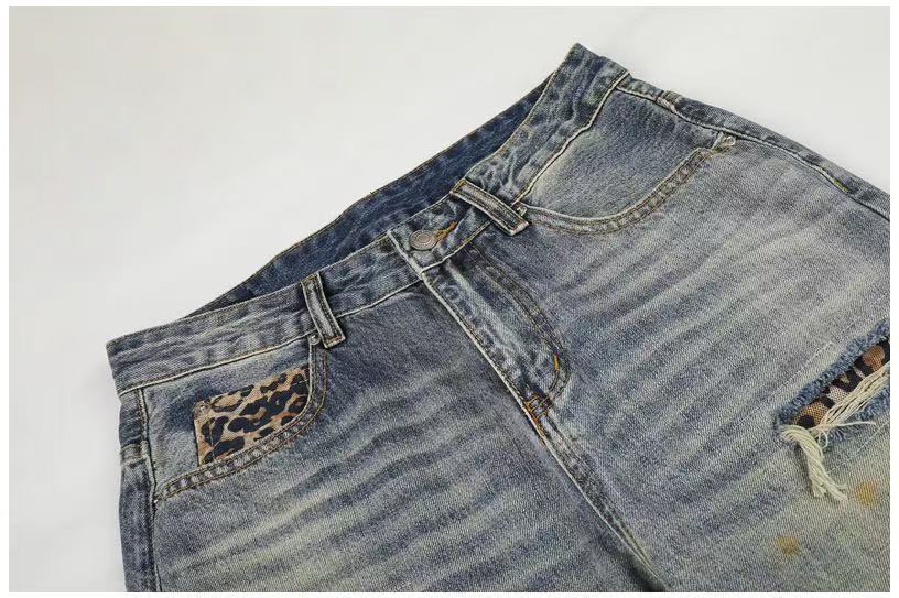 Leopard Patch Distressed Ripped Wash Wide-Leg Jeans