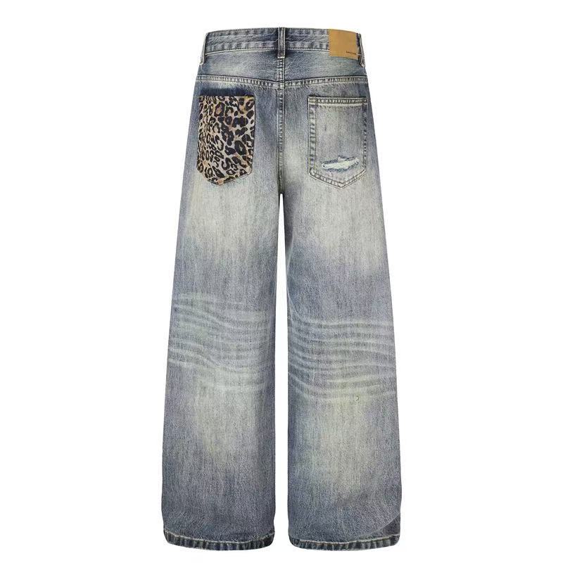 Leopard Patch Distressed Ripped Wash Wide-Leg Jeans
