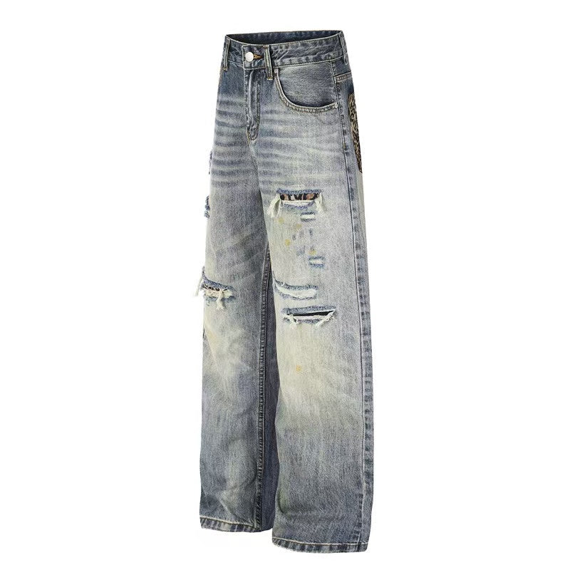 Leopard Patch Distressed Ripped Wash Wide-Leg Jeans