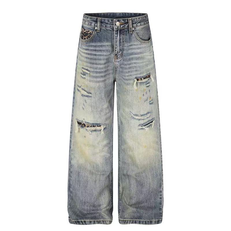 Leopard Patch Distressed Ripped Wash Wide-Leg Jeans