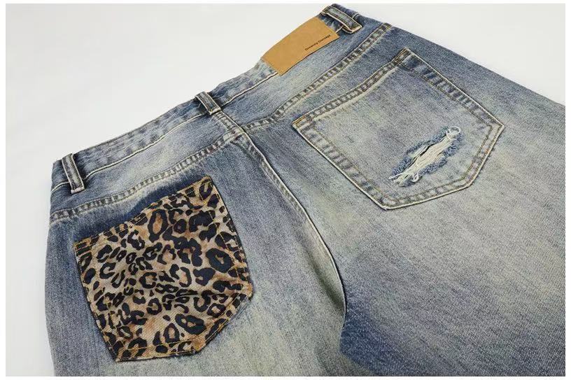 Leopard Patch Distressed Ripped Wash Wide-Leg Jeans