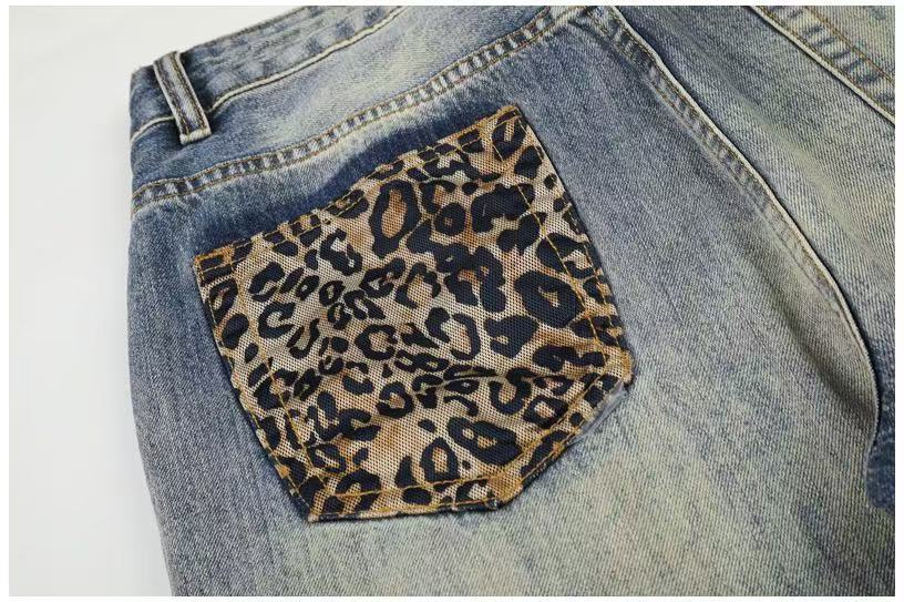 Leopard Patch Distressed Ripped Wash Wide-Leg Jeans