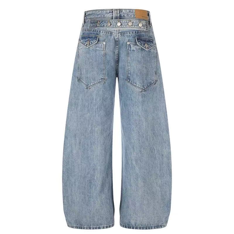 Multi-Button Layered Waist Acid Wash Wide-Leg Jeans