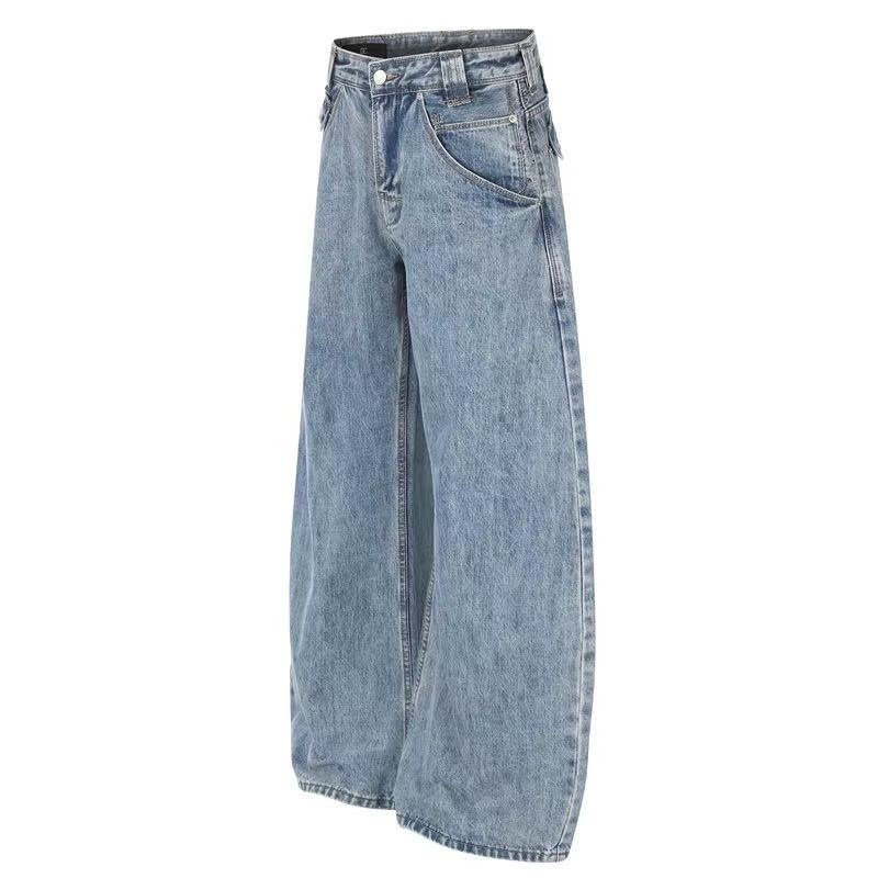 Multi-Button Layered Waist Acid Wash Wide-Leg Jeans